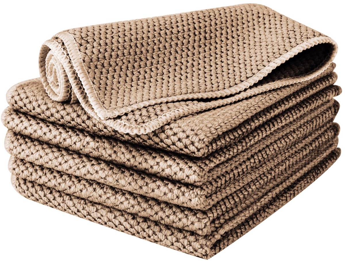 Microvezeldoeken 6 Stuks 30x30 cm voor Keuken, Glas en Auto (kaki) | Zachte, pluisvrije en absorberende microvezeldoeken voor keuken, glas, auto en dagelijkse schoonmaak.
