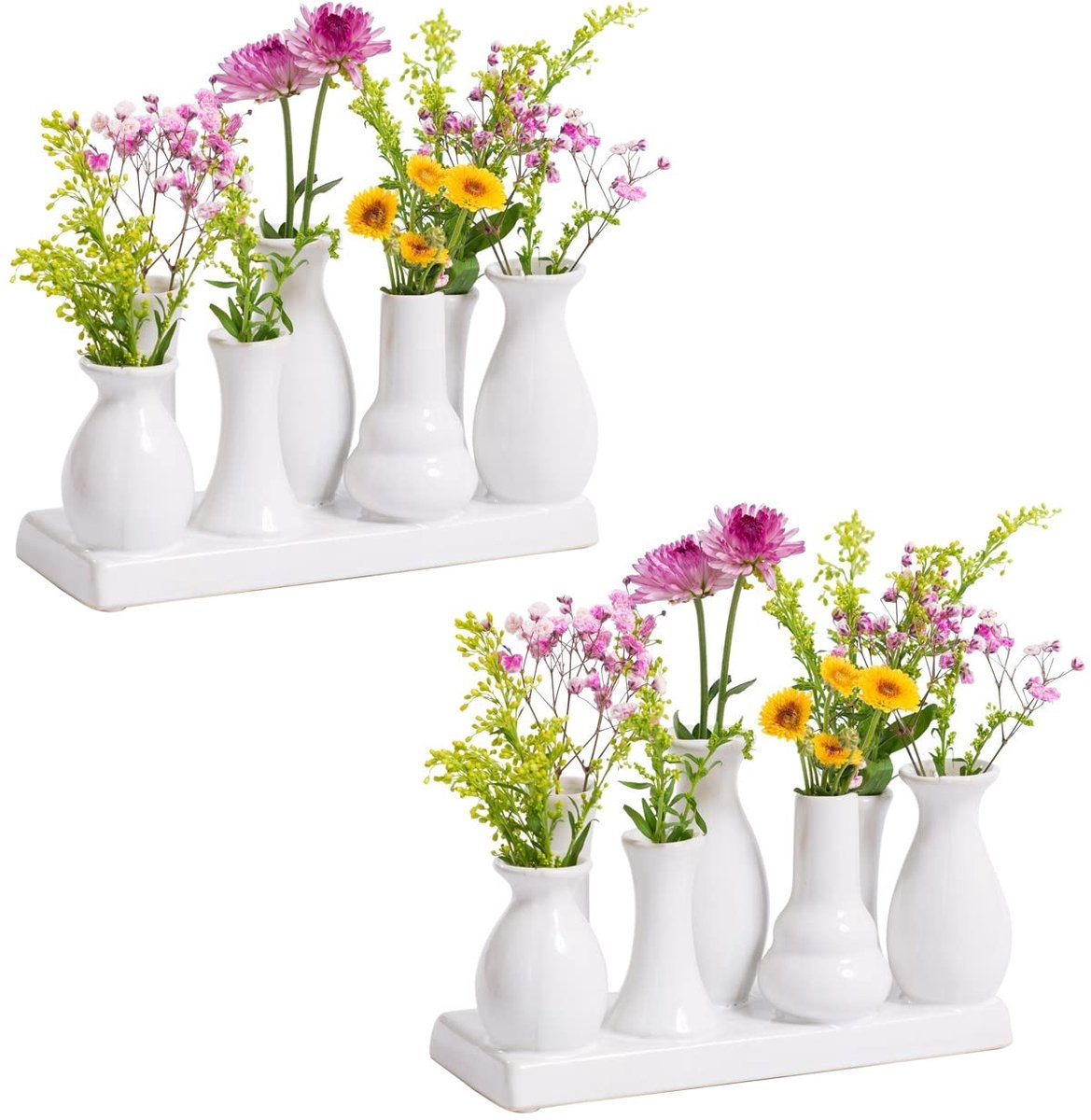 Set van 2 keramische vazen, witte mini-vazen, elk 7 stuks (19 x 7 x 11 cm), handgemaakte tafeldecoratie en woonkamerdecoratie, Scandinavische cadeau-ideeën voor bloemen en droogbloemen