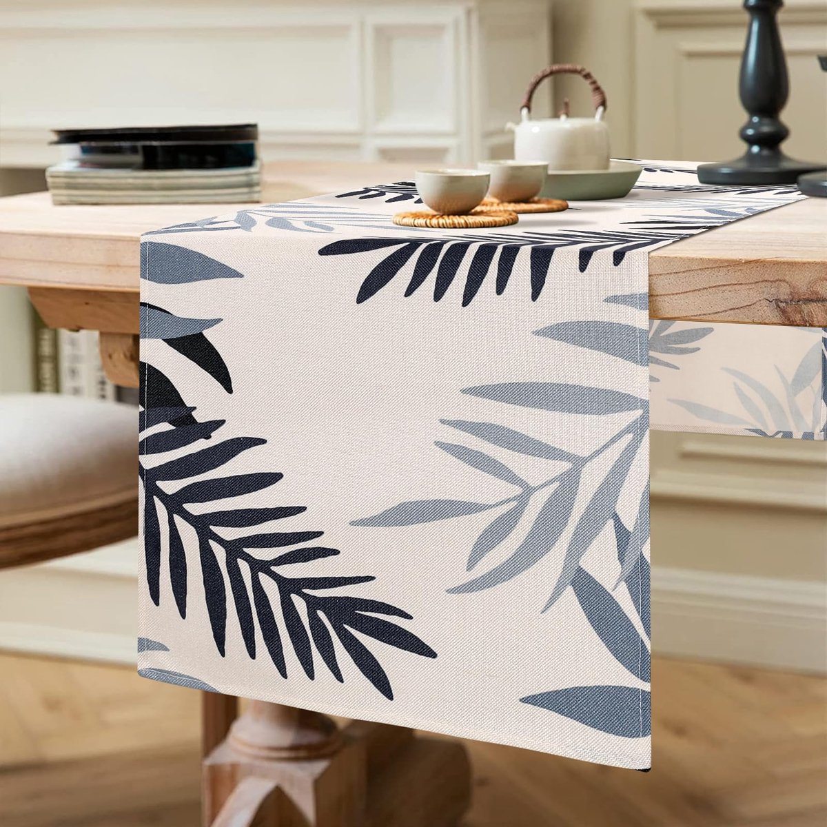 Tafelloper Modern Woonkamer Polyester Grijs Blauw Bladeren Voor Vakantie Party Picknick Keuken 40 x 140 cm