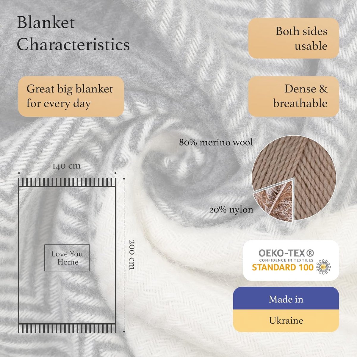 Merino Wollen Deken - Plaid Wol voor Sofa Bank & Bed, Merinowol Blanket Zachte Warme, Grote Sprei Merinowollen, Plaids Schapenwollen (140 x 200 cm, Donkergrijs - Grijs - Wit Chevron Vierkanten)