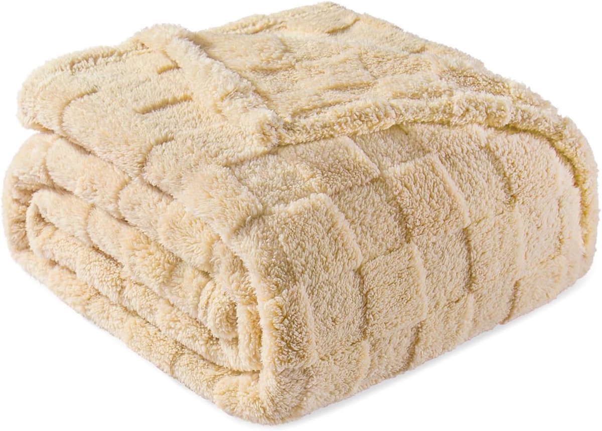 Mezcla Fleece deken voor op de bank, super zachte en warme lichtgewicht geruite dekens voor alle seizoenen, 127 x 152 cm, beige