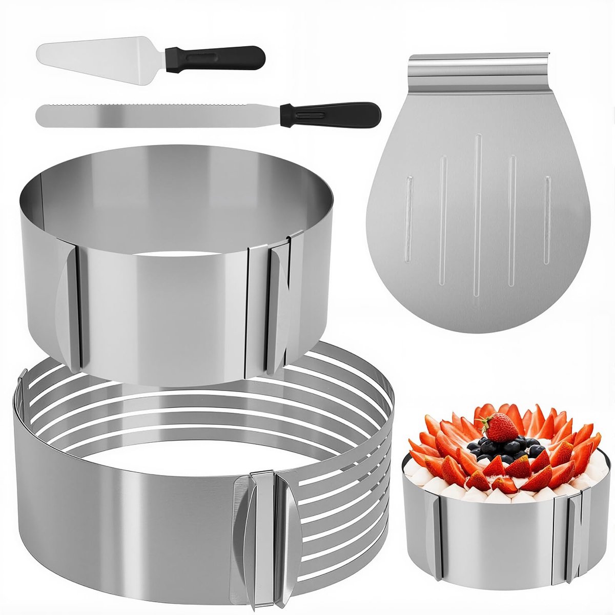 5-delige taartbodem, snijhulp, taartaccessoireset met taartbodem, snijhulp, 15-30 cm, taartring, verstelbaar, banketmes, taartschep roestvrij staal, taartspatel