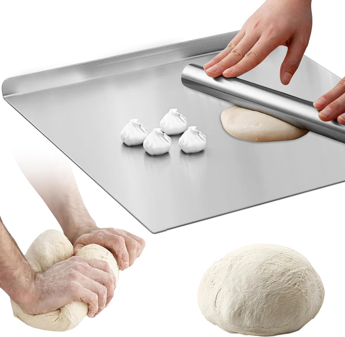 Roestvrijstalen snijplank, 40 x 30 cm, keukenwerkblad, kneedplank van roestvrij staal, antislip snijplank met rand voor brood, deeg kneden, vlees, pizza uitrollen