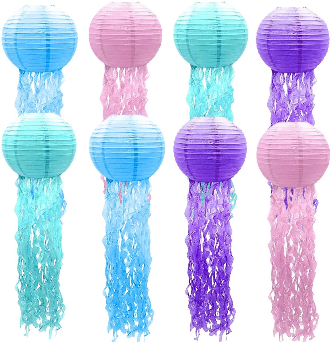 Dailygoods - Papieren lantaarns, 8 stuks, kwallen, papieren lantaarn, decoratie voor verjaardag, feestdecoraties, zeemeermin, verjaardagsdecoratie, oceaanthemafeest (meerkleurig)