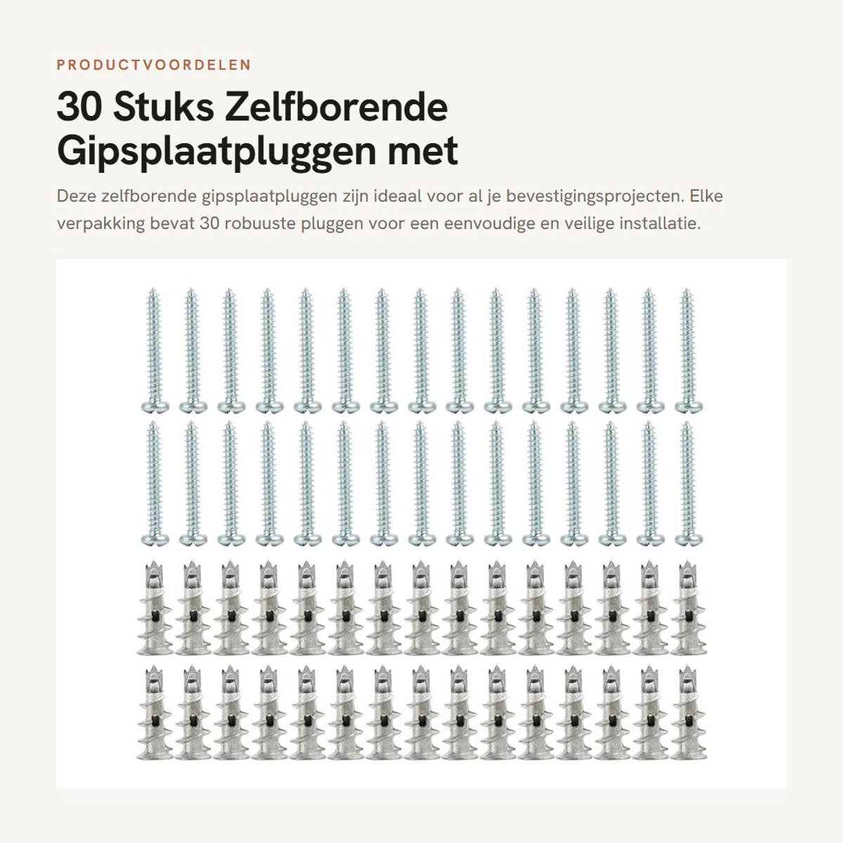 Dailygoods- Gipsplaatpluggen 30 Stuks - Zelfborend - Metalen Pluggen - Bevestiging op Gipsplaten/Bakstenen - Eenvoudige Installatie - Tijd Besparend - Bevestigingspluggen