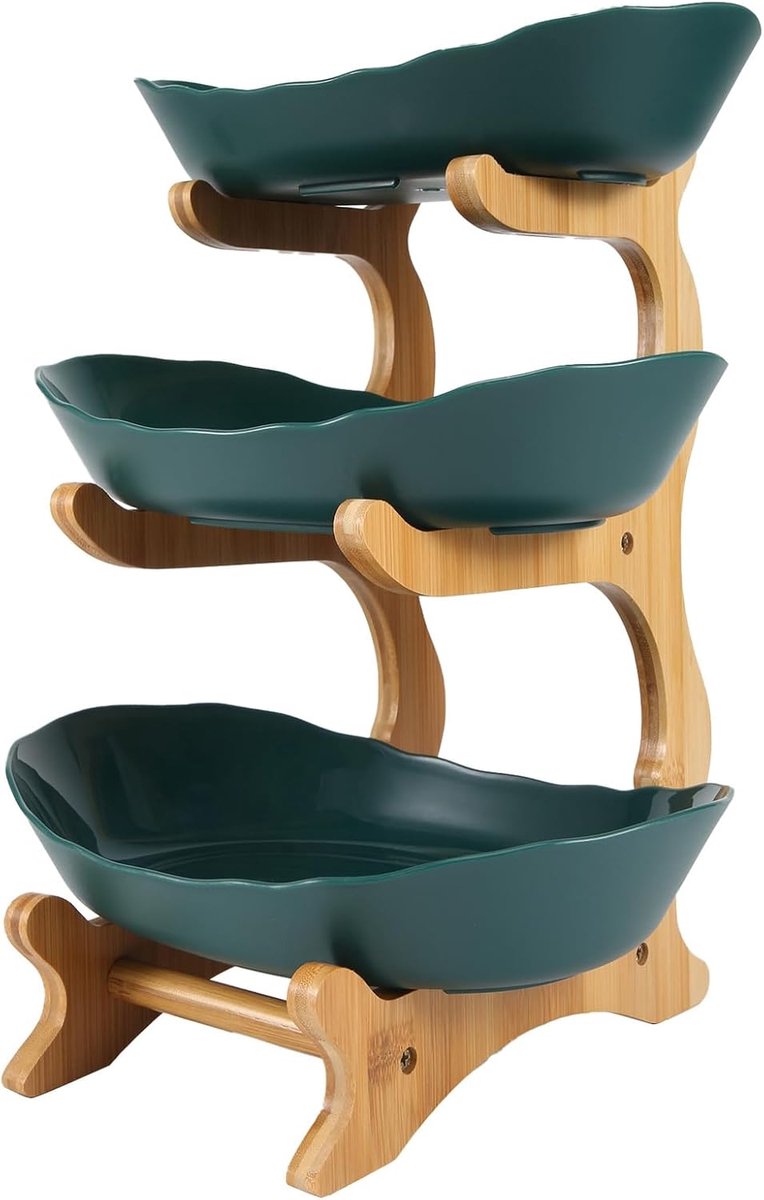 Fruit- en taartstandaard met drie verdiepingen van met houten steun, fruitmand met meerdere verdiepingen als decoratie voor het keukenwerkblad, ideaal voor groenten, fruit en snacks