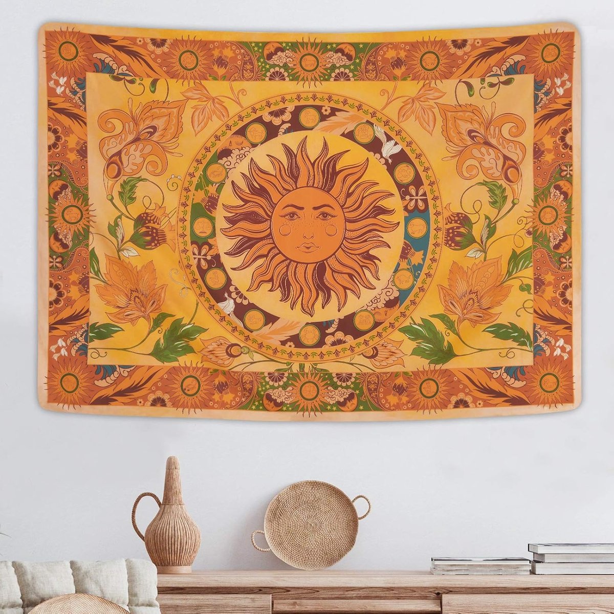 Zon Wandtapijt, mandala, wandtapijt, boho, vintage, bloemen, wandbehang, oranje, sterrenbeeld, wandtapijt voor slaapkamer, woonkamer, entree, hotel, 150 x 130 cm