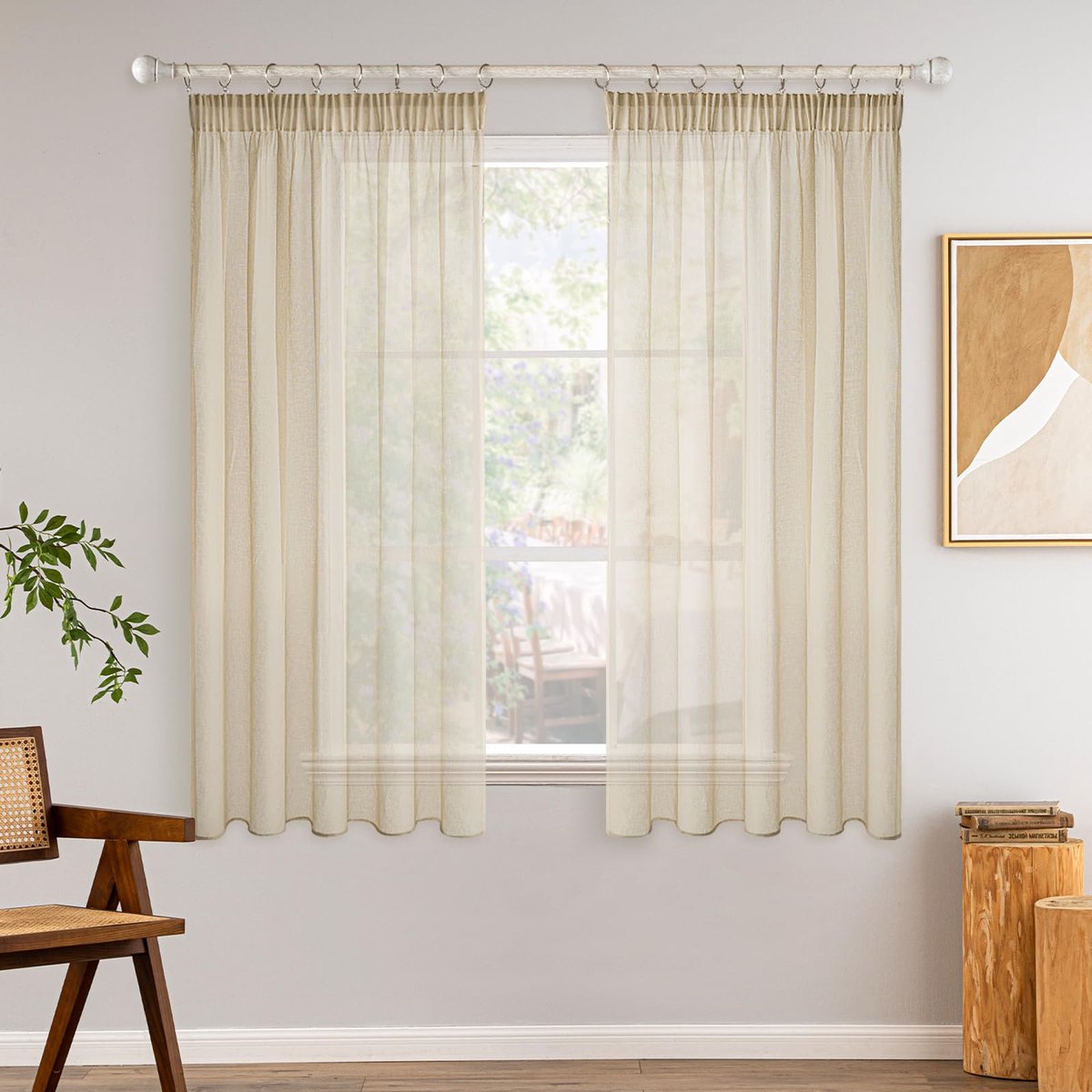 Gordijnen met plooiband, set van 2 gordijnen, woonkamer gordijnen van transparante voile stof, doorzichtig, slaapkamer, beige, 140 x 145 cm