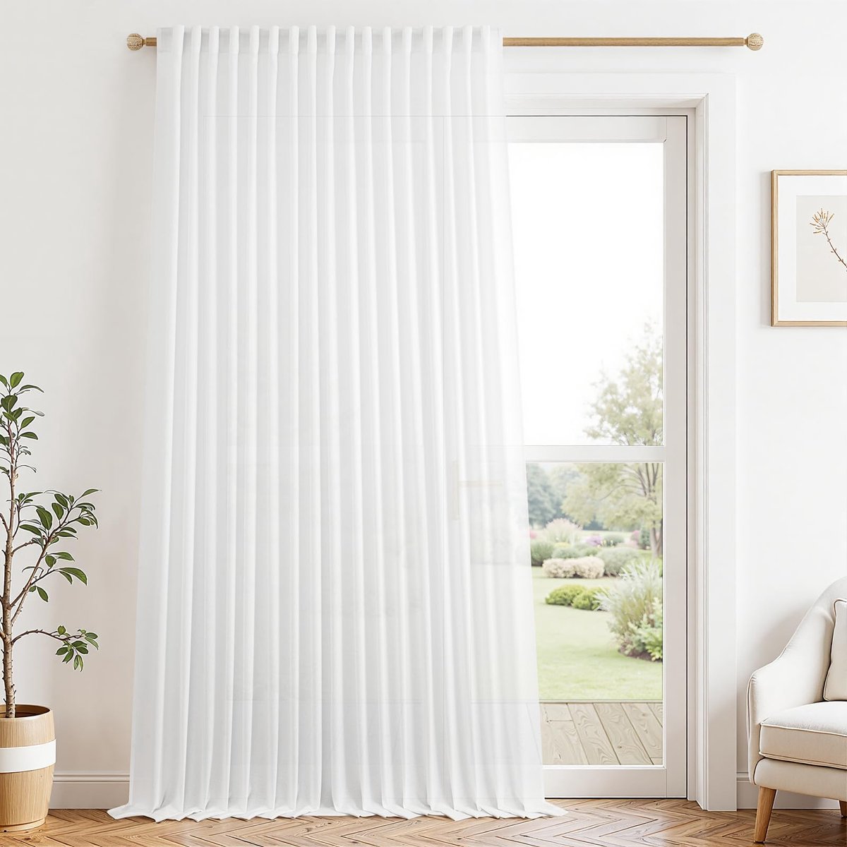 Gordijn, wit, linneneffect, doorschijnend, grote breedte 300 x 240 cm, voile gordijnen voor binnen, tunnelplooi voor roede, deur, raam, woonkamer, modern, slaapkamer, eetkamer