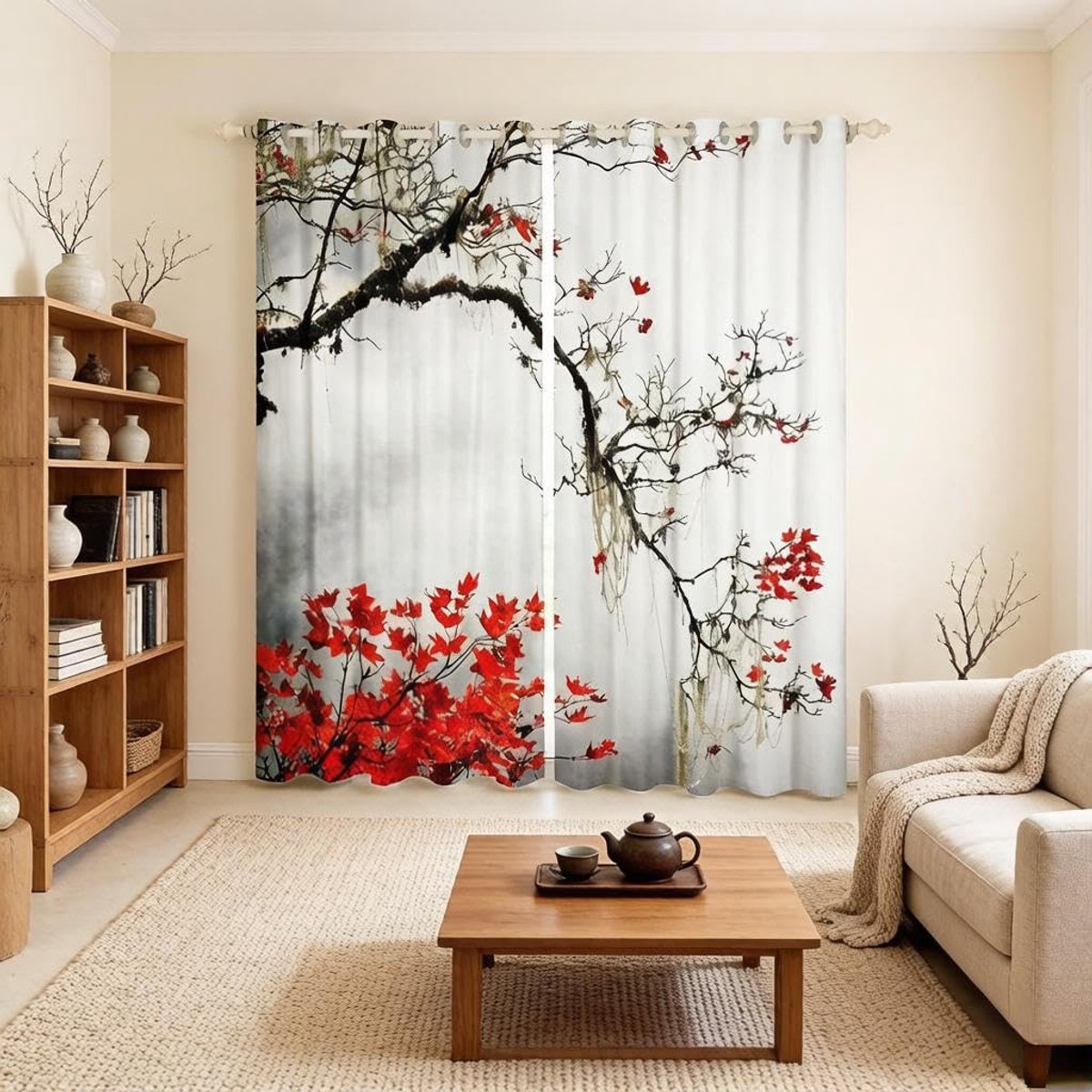 Zwart en Wit Gordijnen Raampanelen Print Aziatische Japanse Stijl Boomtak met Rode Bladeren Set van Raamgordijn B117*L183 Gordijnen voor Woonkamer Slaapkamer Keuken