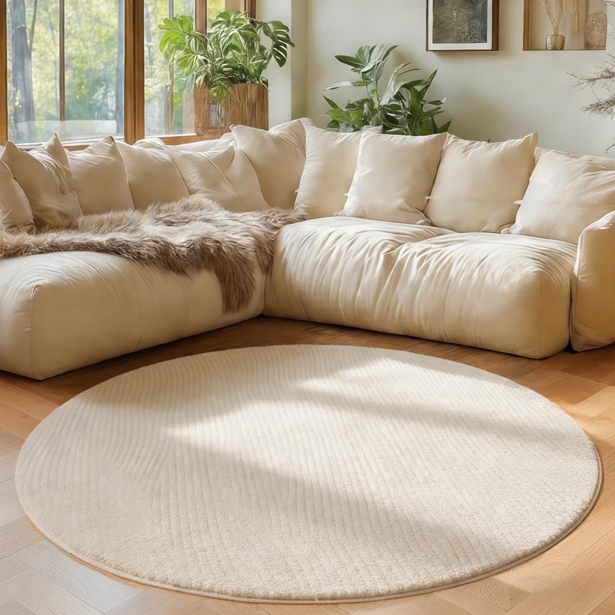 Rond, crème, 160 cm, modern rond tapijt, woonkamer, slaapkamer, antislip, 3D-effect, laagpolig, voor eetkamer, kinderkamer