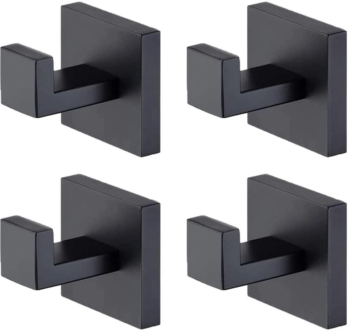4 stuks handdoekhaken om te boren, zwart, mat, wandhaken van 304 roestvrij staal, verborgen montage met vierkante sokkel en installatiegereedschap, voor badkamer, keuken, kantoor