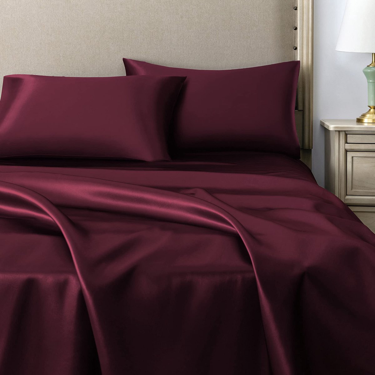 Set van 2 kussenslopen van satijn, 45 x 70 cm, bordeaux, voor bed, zacht bij aanraking, met zaksluiting, antimijt en hypoallergeen, bescherming voor haar, huid en antirimpels