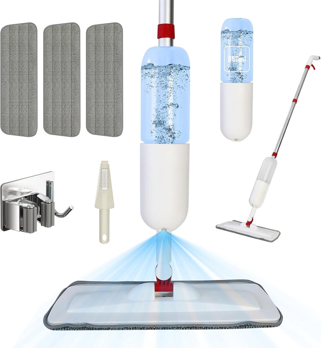 Efficiënte Spray Mop met Microvezel en Reservoir voor Houten Vloeren, Tegels en Laminaat - Inclusief 3 Vervangbare Pads - 650ml