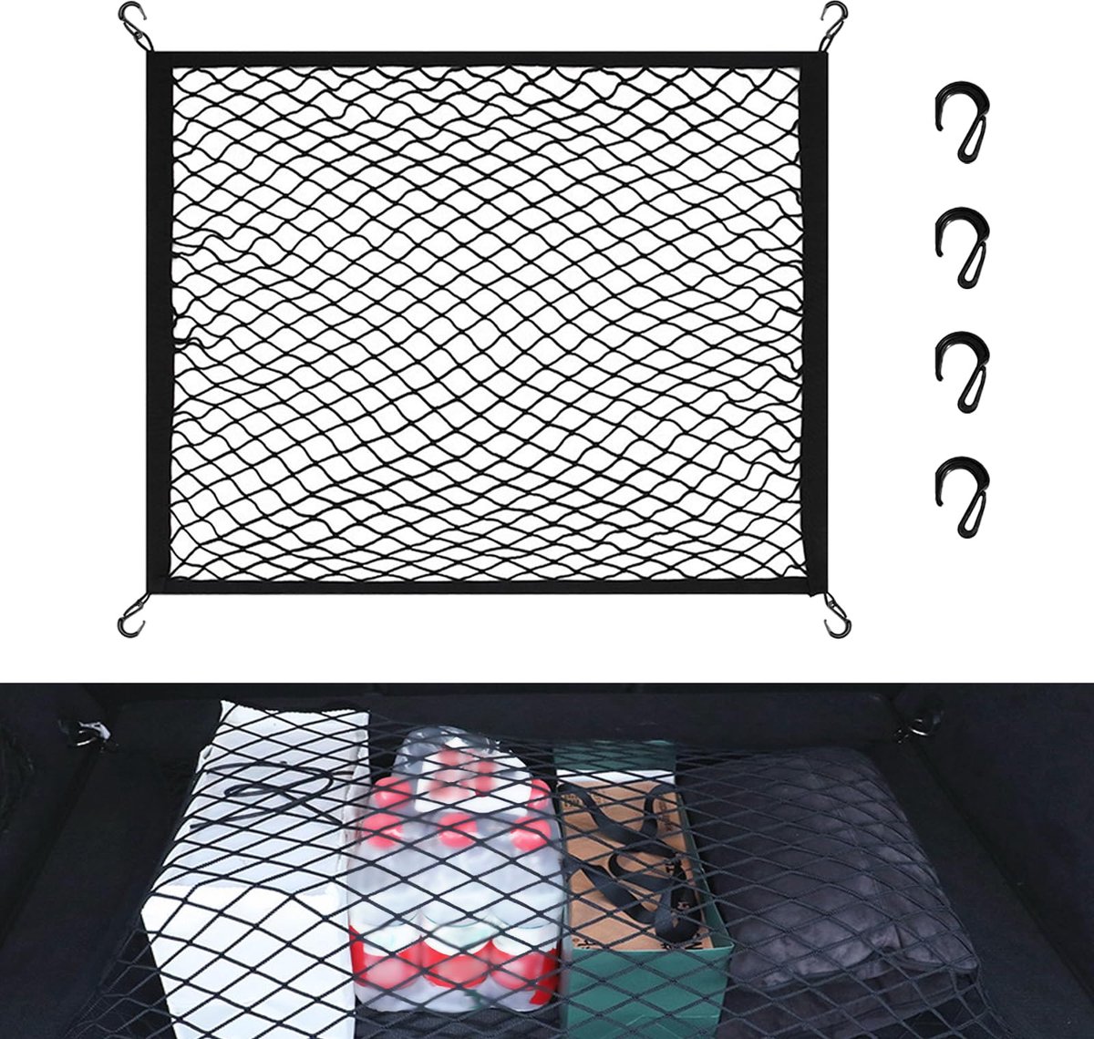 Bagagenet auto 80x60cm Elastisch bagagenet met 4 haken Camper Scheidingsnet Bagagebevestiging Opbergen Lading zekeren
