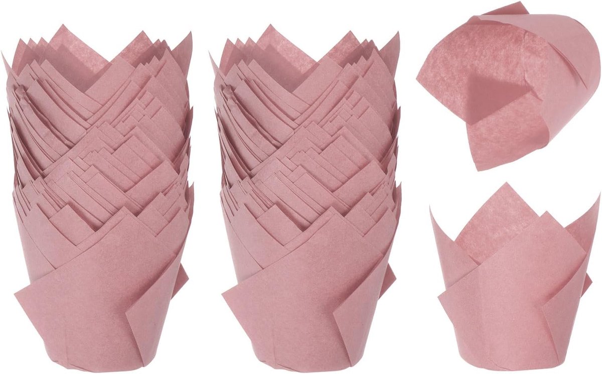 200 stuks muffinvormpjes voor pannenkoeken in tulpenvorm van anti-aanbakpapier voor bruiloft, verjaardag, feest, festival, Kerstmis, roze
