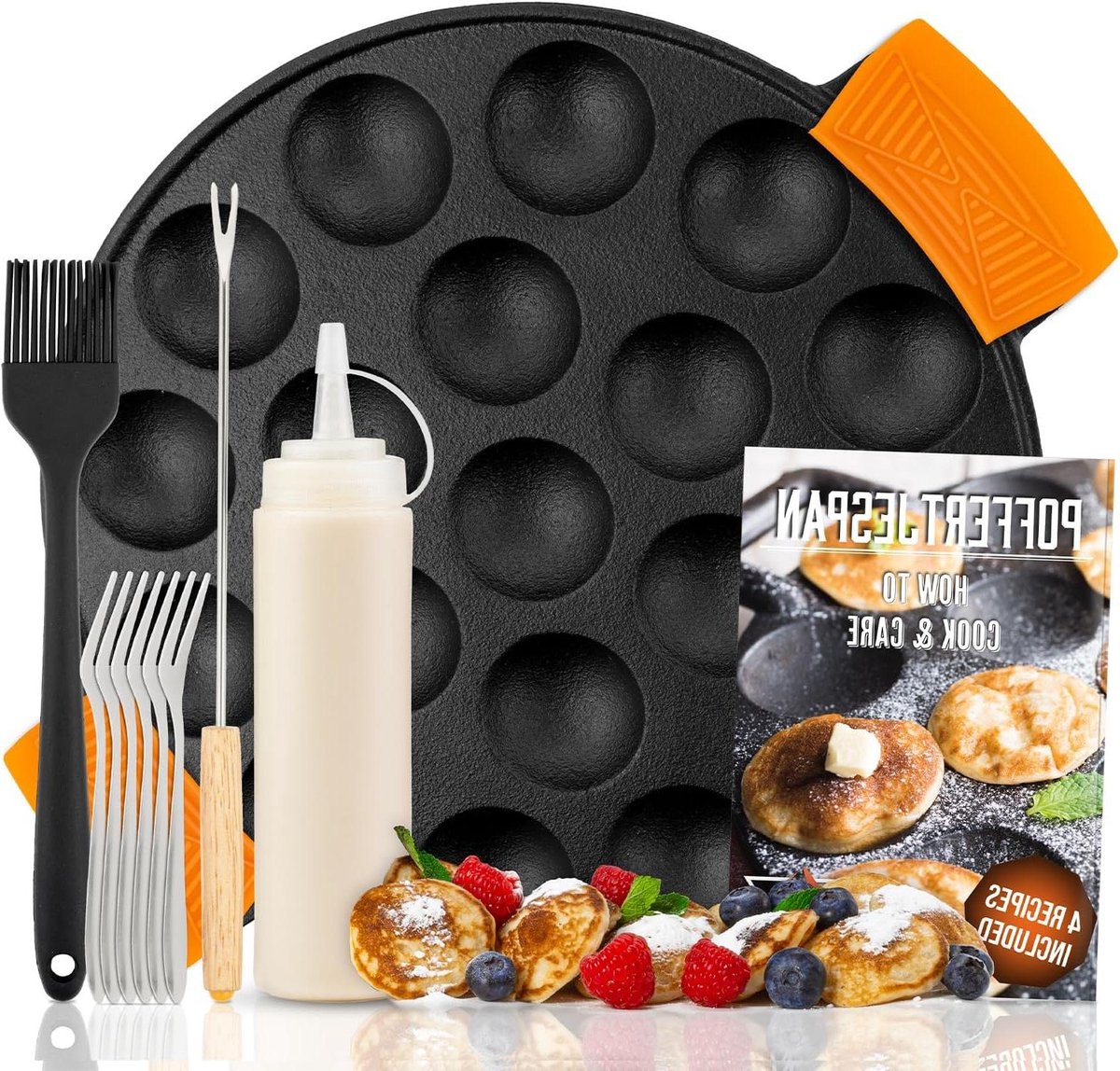 Poffertjespan Set - Poffertjesmaker Gietijzer - Nederlandse Traditie Bakken - Voor Alle Warmtebronnen - 19 Poffertjes - Zwart