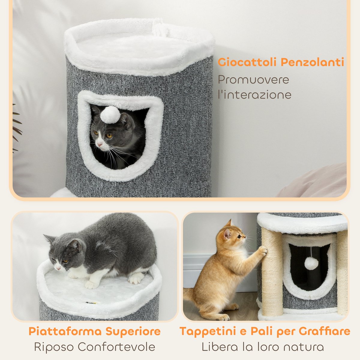 Krabpaal voor katten, hoogte 76 cm, met huisjes, bedje, ballen en sisal palen, grijs – foto 8