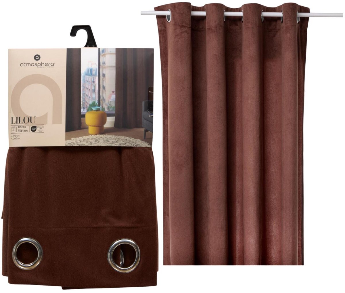 Atmosphera gordijn lilou - 2x - L260 x B140 cm - bruin - polyester - met ringen