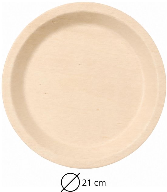 Een rond beige feestbordje met een diameter van 21 cm, gemaakt van geperst houtkarton.