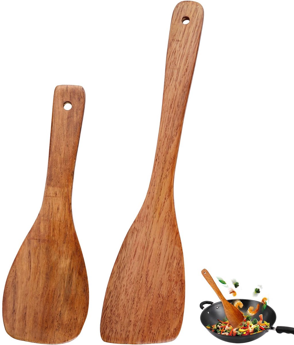 Spatel, 2 stuks, houten schraper, olijfhout, kooklepel, spatel, pannenspatel van olijfhout, houten spatel voor het koken, pannenspatel, lange handgreep, antiaanbaklaag, houten spatel voor