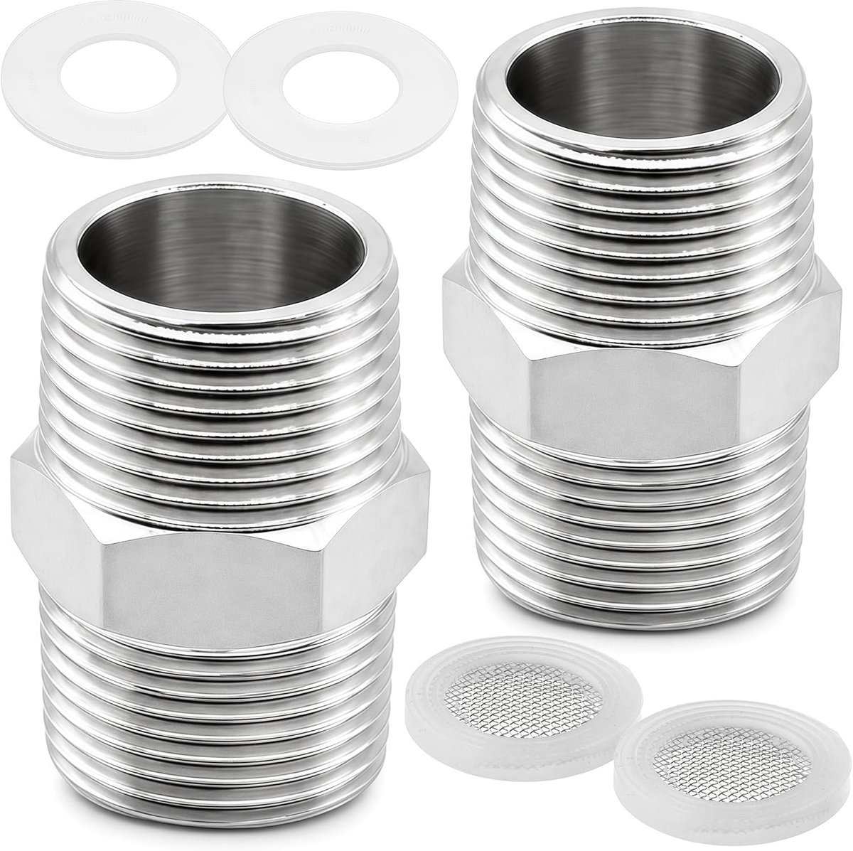 Set van 2 Doucheslang Verlengstukken met RVS Dubbele Nippel 1/2 Inch, Adapter voor Doucheslang, Inclusief Pakkingen en Filter