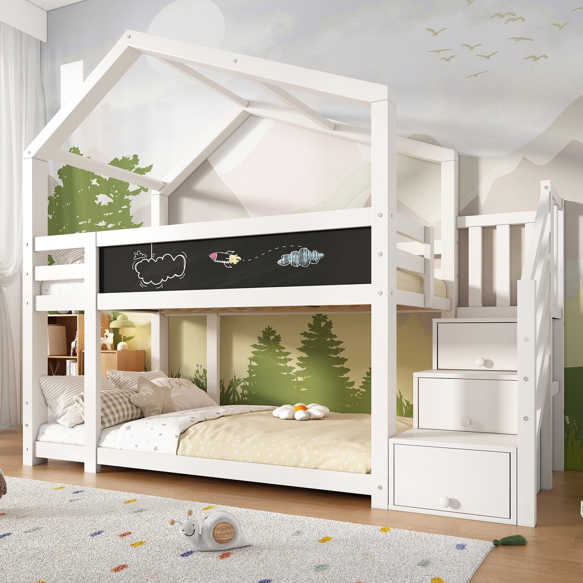 DESMIU Boomhut Stapelbed 90 x 200 cm – Kinderstapelbed Met Opbergruimte En Schoolbord – Veilig Klimmen Voor 2 Kinderen – Wit – Zonder matras