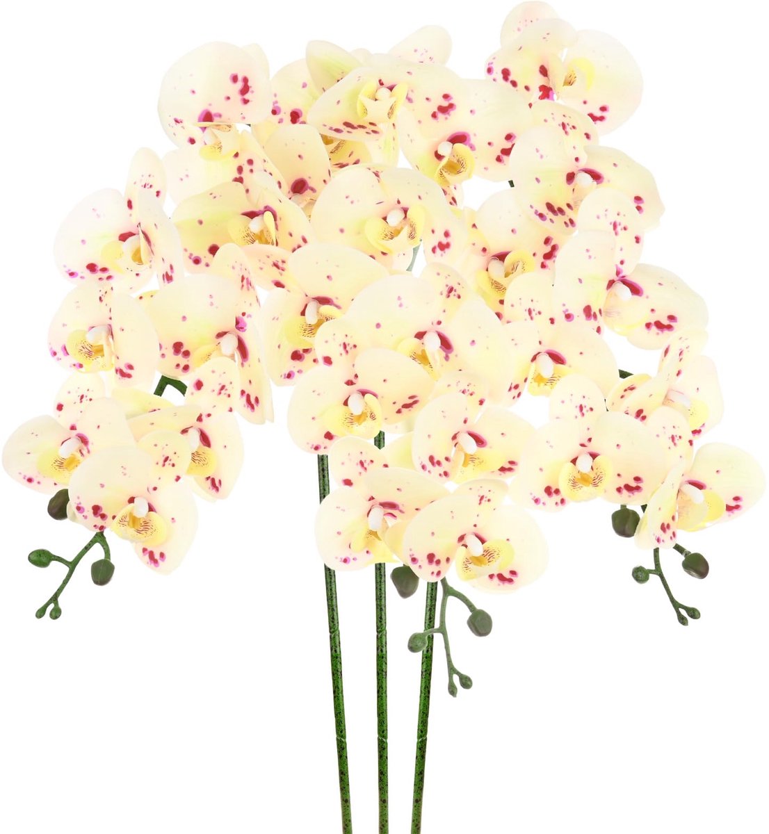 METERXITY 3-pack kunstmatige orchideebloemen 9 grote bloemblaadjes 97 inch faux phalaenopsis zijden boeketten echte touch gevlekte geelgroene neporchideeën voor thuis/bruiloft/kerst/feest