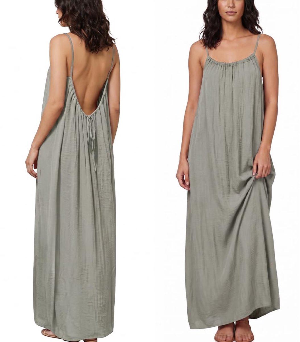 Aomig Spaghettibandjes vrijetijdsjurk, dames zomerjurk, mouwloze lange strandjurk, elegante maxi vloeiend open rug, casual partyjurk voor vakantie, strand, huis, effen (grijs, L)