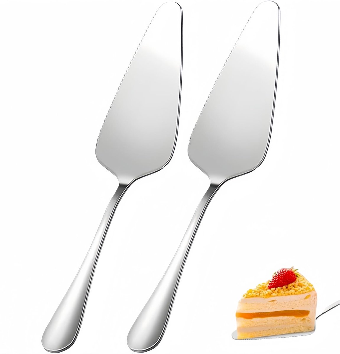 Taartschep van roestvrij staal, 2 stuks, gepolijst roestvrij staal, veelzijdig taartmes met gekartelde randen, taartmes, restaurants, keuken, feestjes en bruiloften (zilver