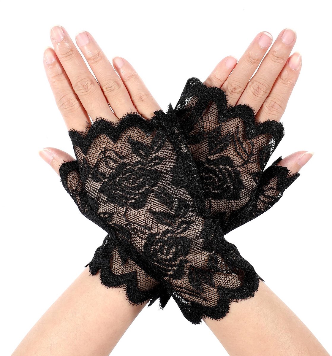 Vingerloze kanten handschoenen voor dames, korte kanten handschoenen, zwart, operahandschoenen, elegant, voor Halloween, carnaval, theeparty's, eindexamenbals, bruiloften, diners, cosplay