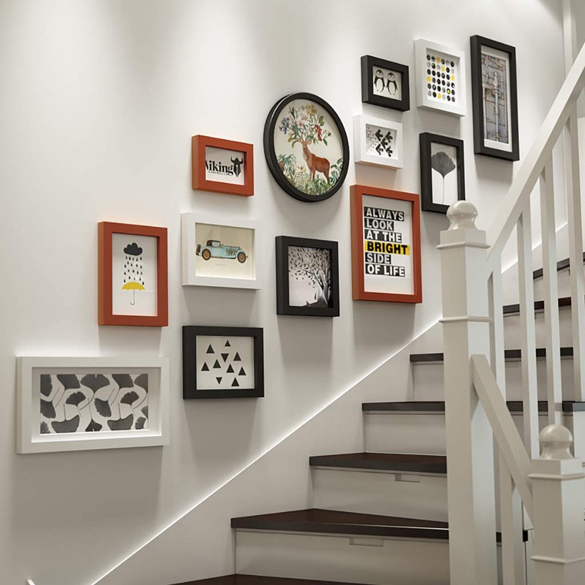 Fotolijstenset, massief houten fotolijst, meerdere fotolijsten, houten fotolijsten, 13 fotolijsten, trappenhuisdecoratie