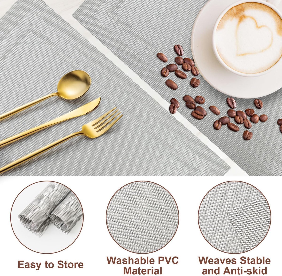 Placemats set van 8 - wasbare zilver - stijlvol en praktisch - bescherm je tafel - ShopVlot