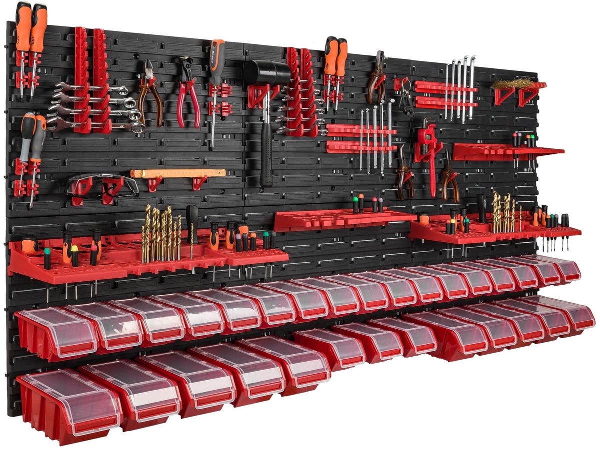 178 x 78 cm wandrek, 30 opbergbakken, deksel, gereedschapshouder, stapelboxen, werkplaats, werkbank