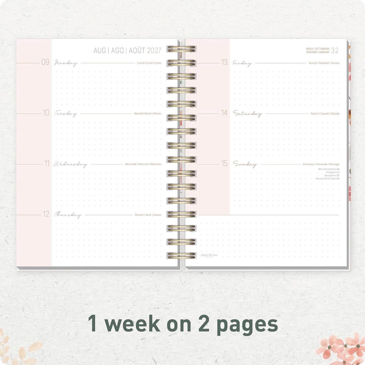 Dailygoods- Ringband Kalender 2026/2027 - A5 formaat - 17 maanden - Meertalige weekplanner - Spiraalbinding - "Wild Blossoms - Agenda