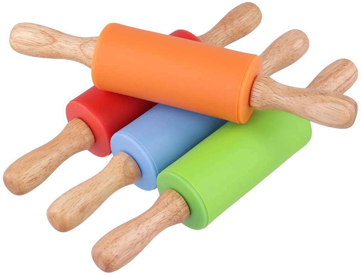 Dailygoods - 4 stuks mini-deegroller van siliconen, 23 m siliconen deegroller met houten handvat, kleine deegroller set voor pizza, gebak, deeg, oranje/rood/blauw/groen