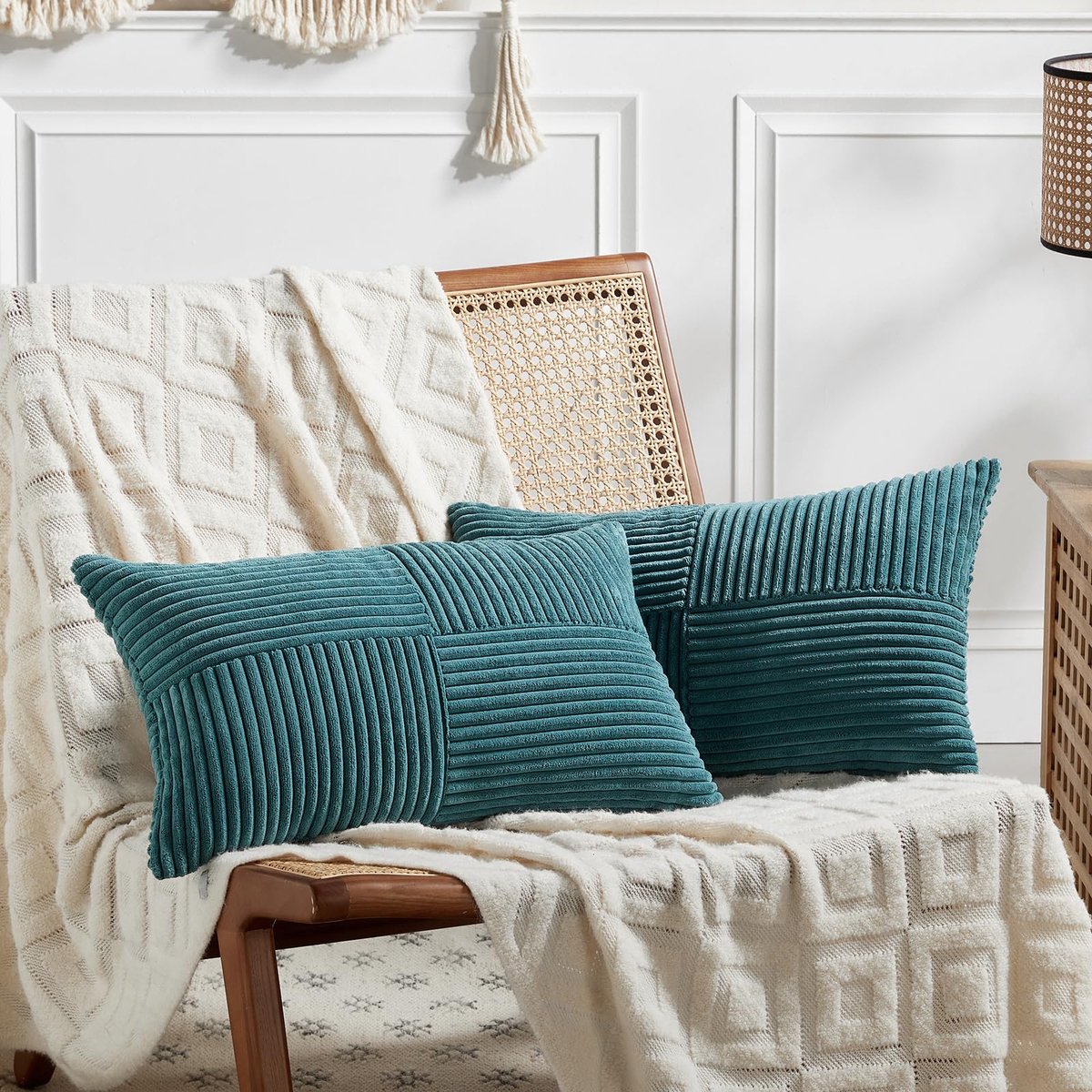 Set van 2 boho-bankkussenhoezen, corduroy, moderne zachte, sierkussenhoezen met kruispatroon, voor bank of slaapkamers, groen (Aqua), 40 x 60 cm
