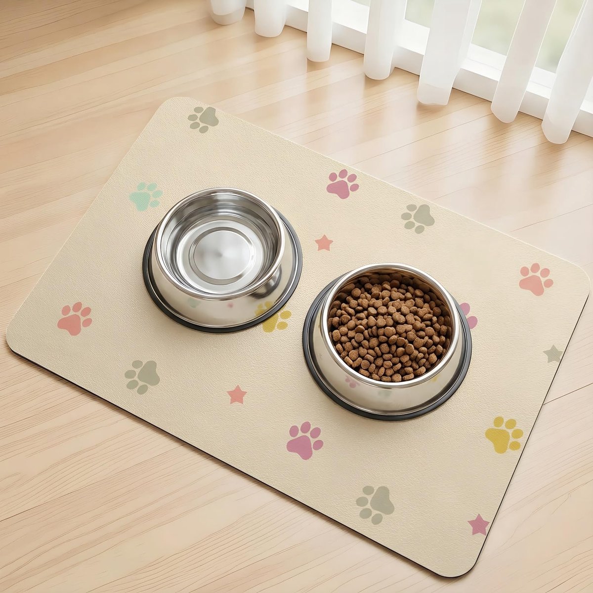Mat Waterabsorberend Kat Honden Mat voor Voer- en Waterbak, Antislip Voermat voor Huisdieren Geen Vlekken Hondenvoermat, Snel Droog (Beige-Star Paws, 60 x 90 cm)
