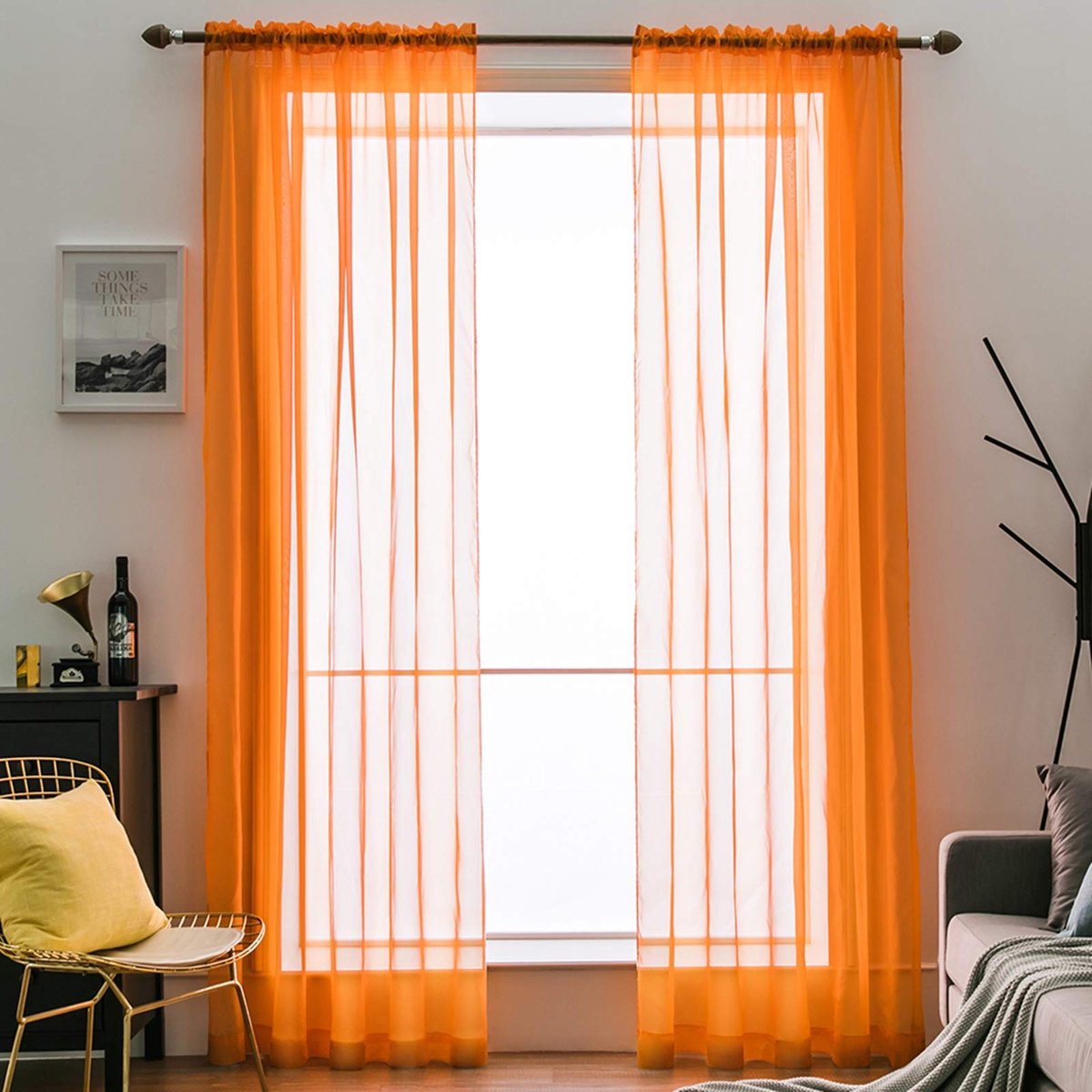 Raamgordijnen, pure kleur, transparant, glad, elegant, voor ramen, gordijnen, behandeling voor slaapkamer, woonkamer, oranje, 140 x 175 cm, zakstang