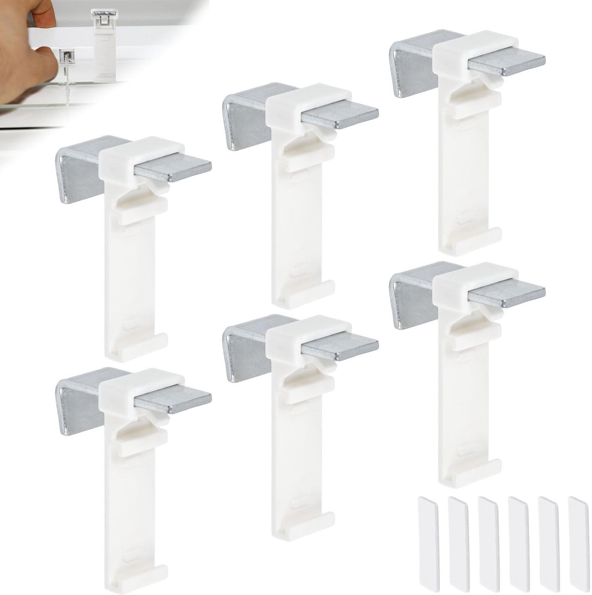 6-delige gordijnhouder, klemhouder voor Klemmfix rolgordijn, dubbel rolgordijn, klemhouder, houder voor klembevestiging, zonder boren, om te klemmen en te plakken, als accessoire