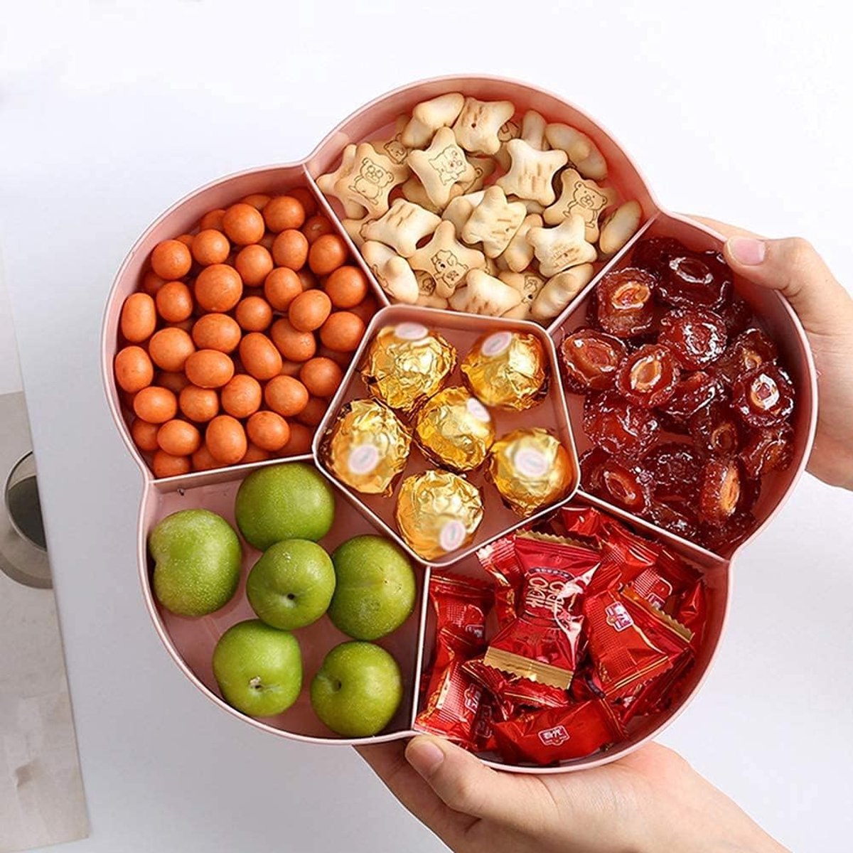 Bewaardoos voor snacks, snoepdoos, serveerdienblad, met deksel, voor noten, snoep, gedroogd fruit en andere levensmiddelen, roze