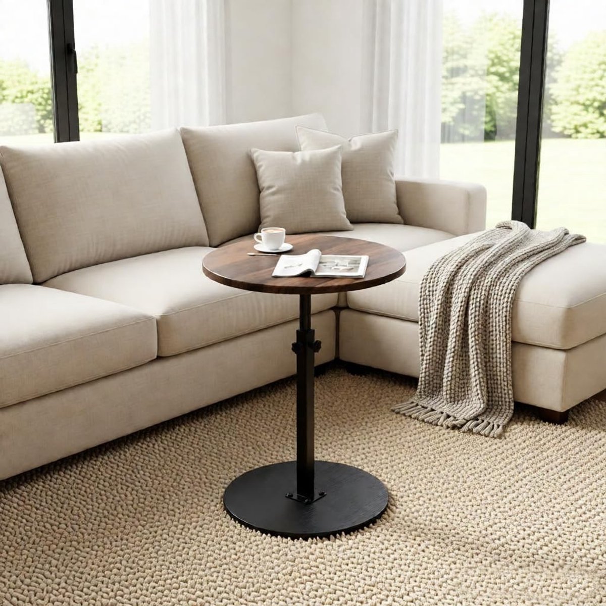 Dailygoods- Bijzettafel Hoogte Verstelbaar - Ronde Tafel met Wielen - Opklapbare Tafel - Waterdicht Oppervlak - Geschikt voor Woonkamer - Ø 40 cm - Salontafel