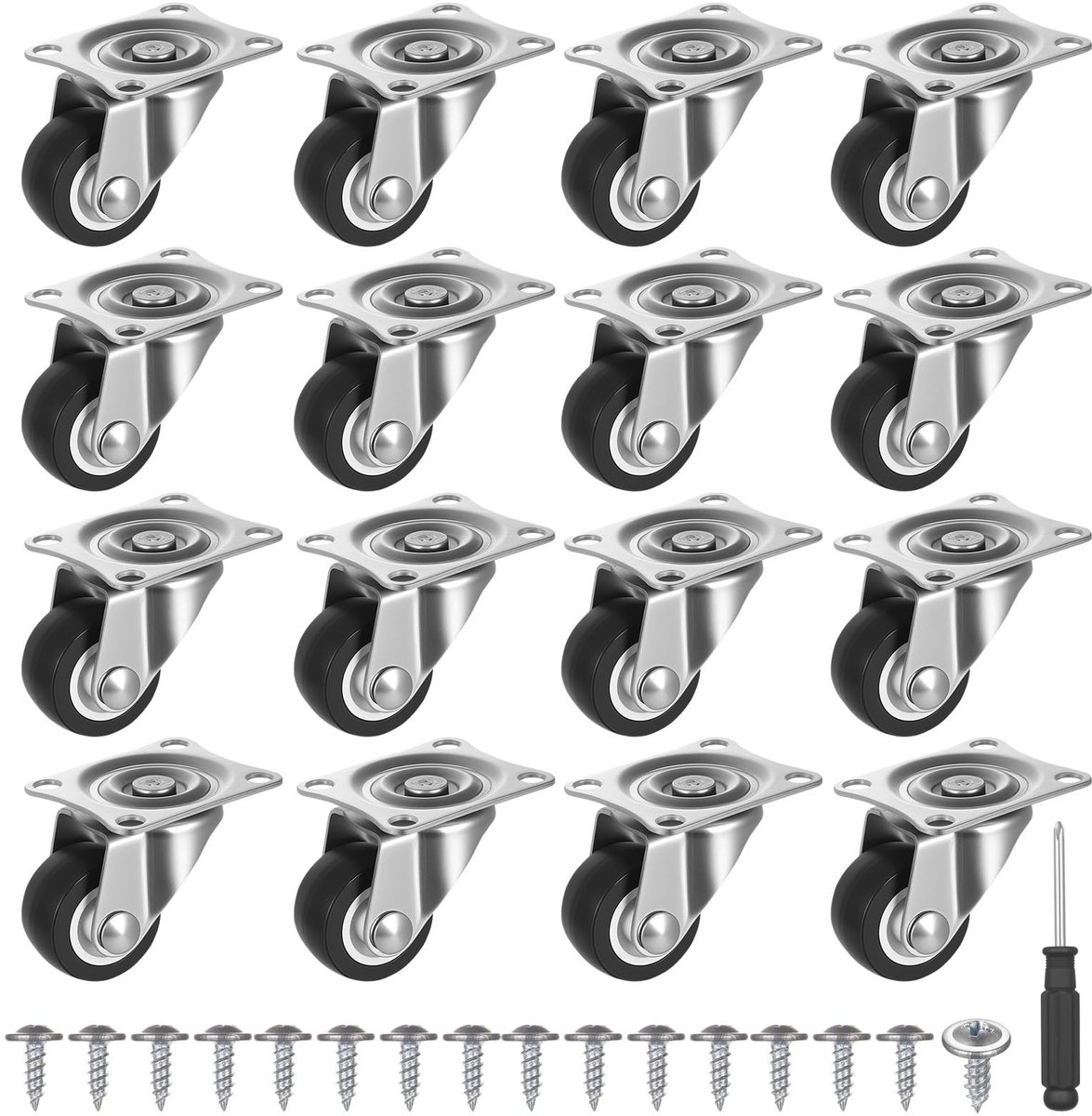 Dailygoods- Zwenkwielen set van 16 - Mini wielen - Rubber wielen - Meubelwielen - Zwenkwielen met schroefdraad - Duurzaam en slijtvast