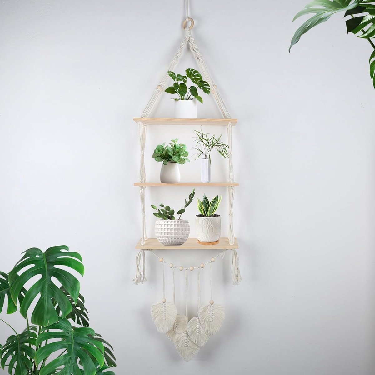 hout, 3 dieren, macramé, wandbehang, zonder boren, macramé, hangrek, boho, decoratie, zwevend rek, handgeweven hangrek, zwevende planken voor woonkamer