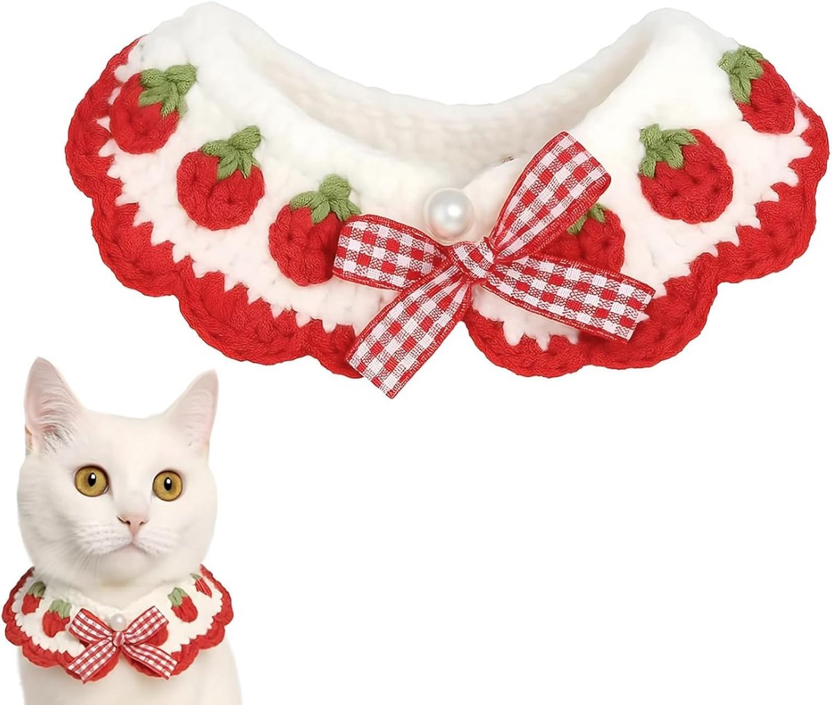 Kattenhalsband, afneembaar, kittenhalsband met schattige strik en aardbeienprint, geschikt voor kittens en sommige puppy's (S)