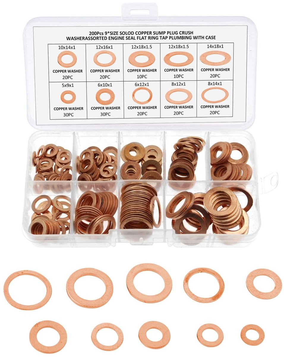 SolidKeus - Set van 200 Koperen Sealing Ringen in 10 Maten met Opbergdoos