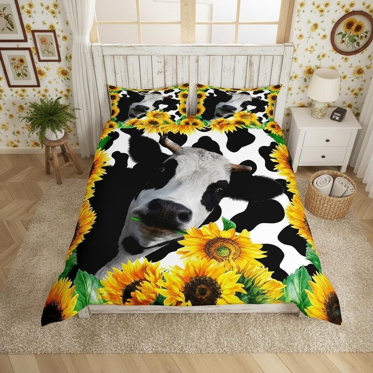 Dekbedovertrekset, melkkoe-print en gele zonnebloemprint, dekbedovertrek voor kinderen, meisjes, tieners, slaapkamer, schattige dieren- en bloemenmotief beddengoedset + 1 kussensloop, 135 x 200 cm