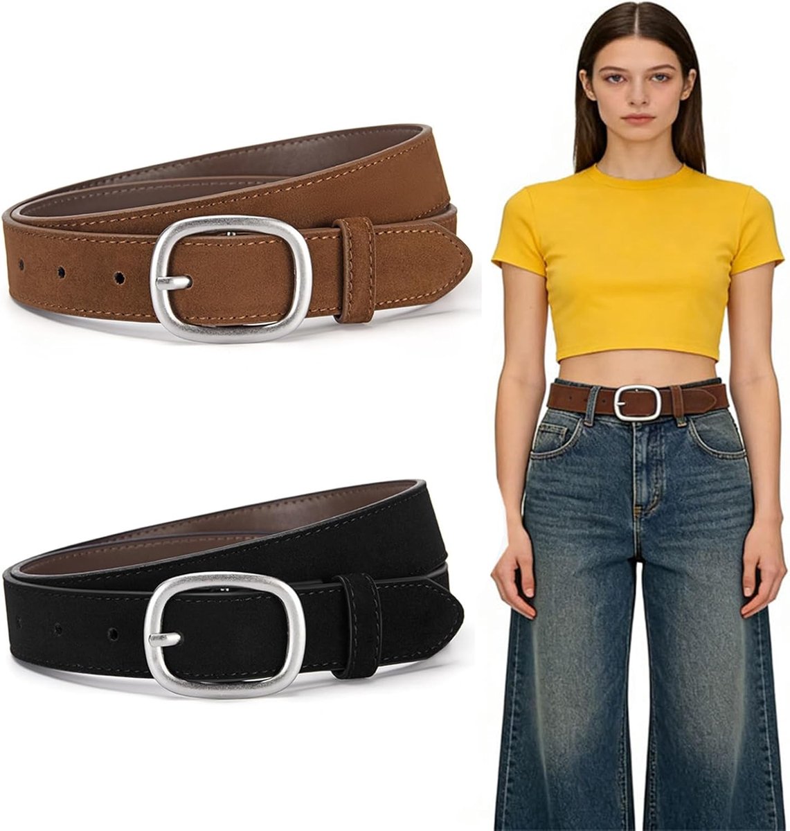 2 stuks damesriem, modieuze elegante tailleriem voor dames, damesriem met gesp, riem voor vrouwen, kunstleer, PU-leer, riem voor vrouwen, jeans, broeken, jurken (zwart, bruin)