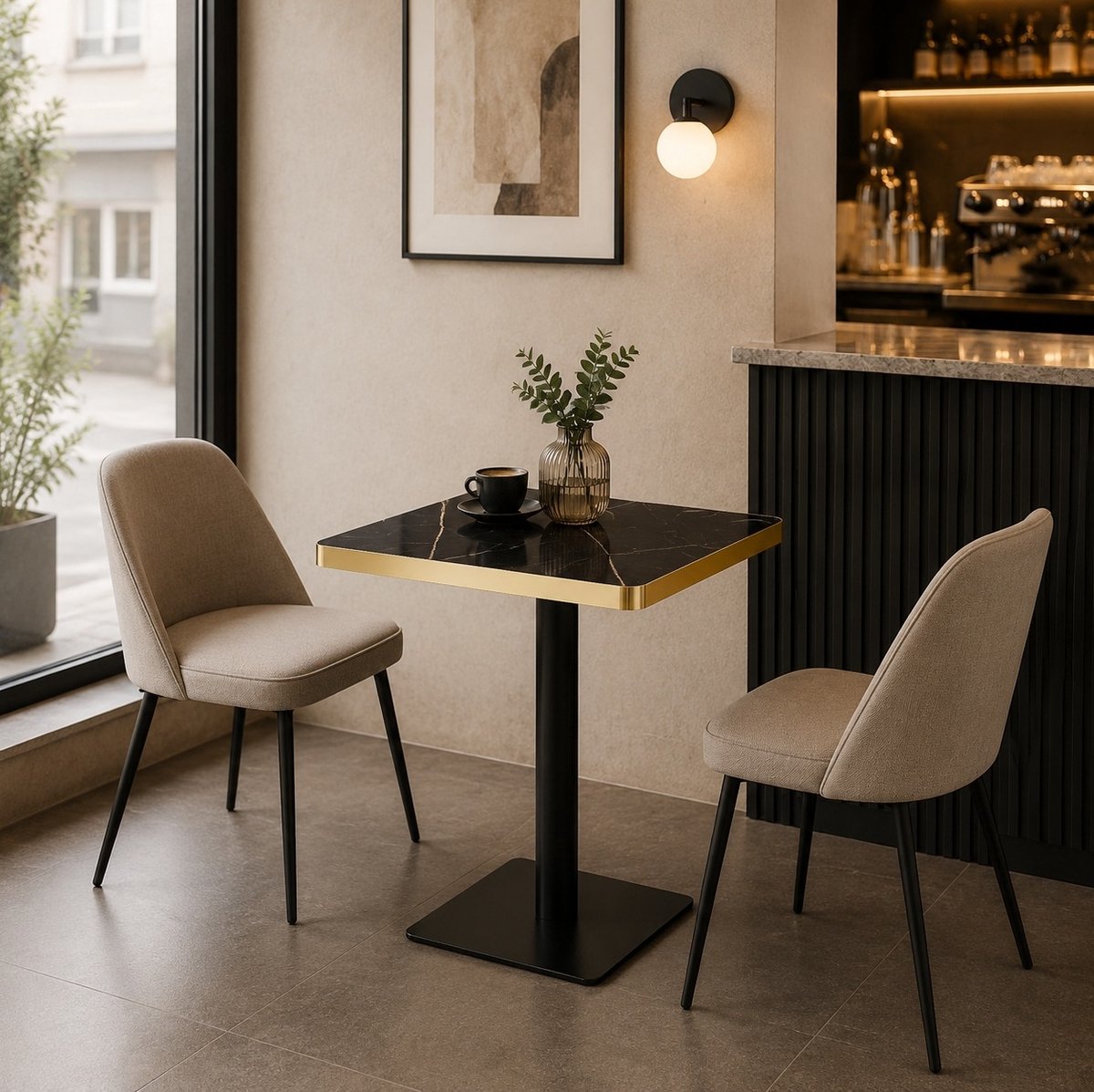 STILVORA Eettafel - Vierkant Ontwerp Met Marmereffect En Gouden Rand - Modern Voor Woonkamer, Bistro En Café - MDF En Metaal - Zwart - 60x60x74 Cm