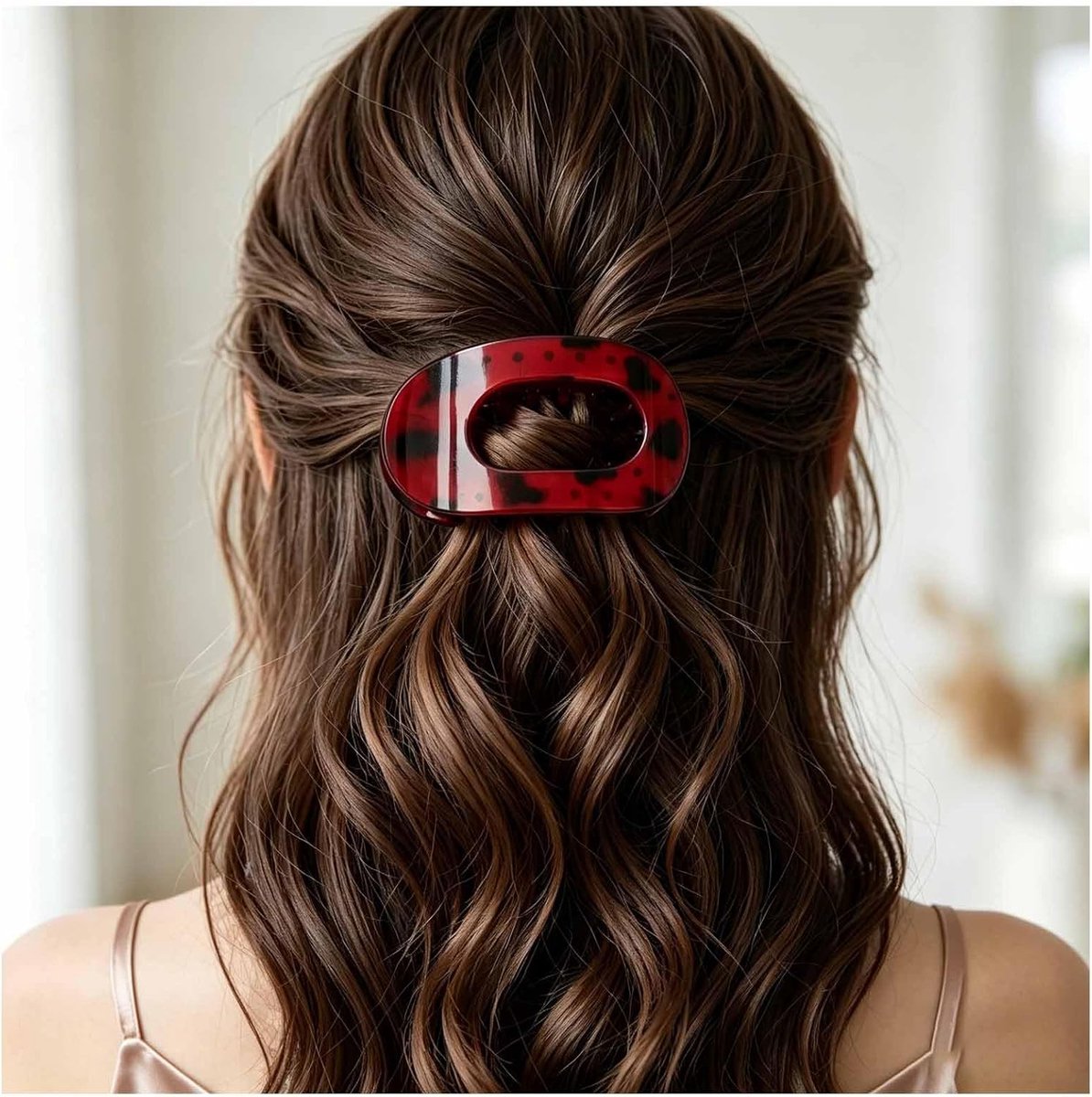 Haarspeld, plat, luipaardpatroon, acryl, luipaardpatroon, groot, sterk, minimalistisch, antislip, eendensnavel, decoratief accessoire (rood)